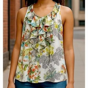 Sunny Leigh Petite M White Multicolor Floral Paisley Ruffle Sleeveless blouse